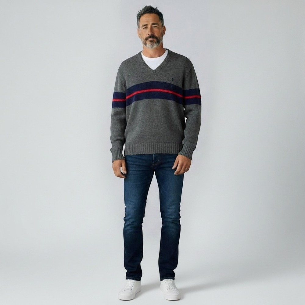VTG 90s Polo Ralph Lauren Mens Sweater Gray Striped Cotton Vintage Large L Vneck